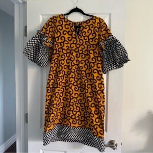 Size L African Inspired Hand Made Yellow Puff Sleeve Midi Dress